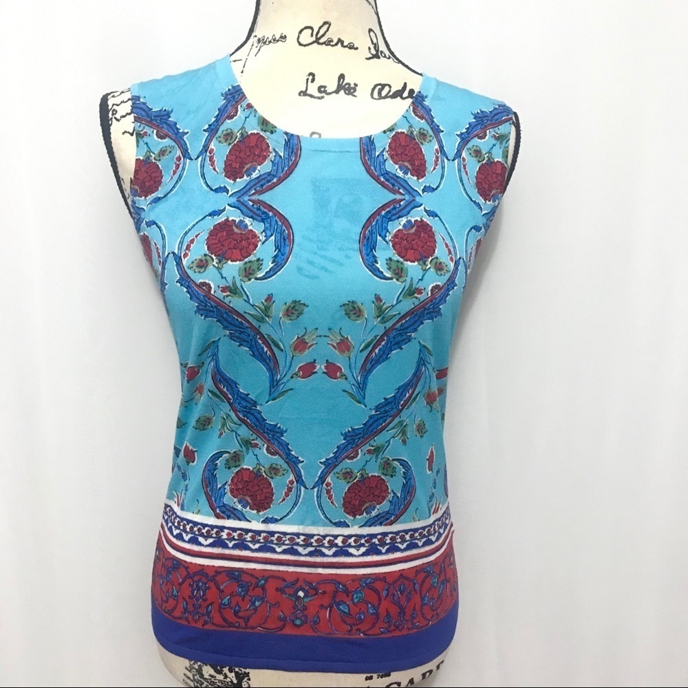 Escada Majorca Fantasy Floral Blue Red Sleeveless Top